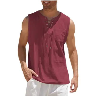 Men Sleeveless Cotton Linen Shirt Light Blue Lace-Up