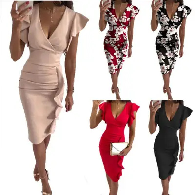 2025 V-Neck Ruffled Slim Fit Dress Multi Color