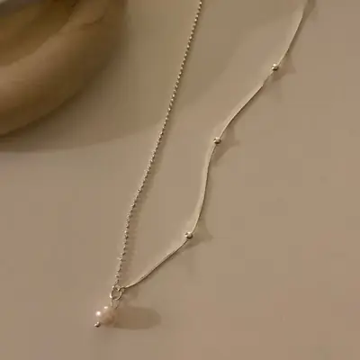 Gan Jia Romantic 925 Sterling Silver Bright Silver Asymmetric Chain Small Pearl Necklace Women's Clavicle Chain French Style