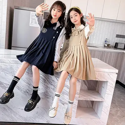Girls' Beige Pleated Vest Dress with White Sleeves