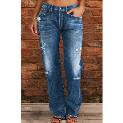 Ladies Denim Jeans Straight Fit Hole Wash Casual Wear