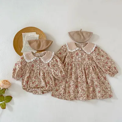 South Korea Children Floral Fleece Dress Set