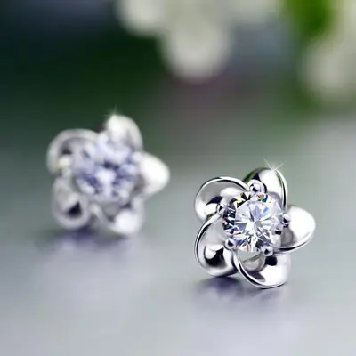 S925 Silver Flower Earrings with Zircon Stones
