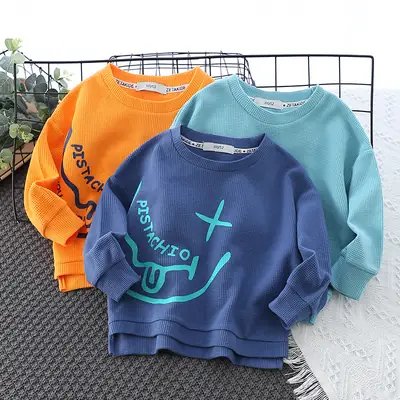 Blue Cotton Waffle Sweatshirt with Lime Print for Girls