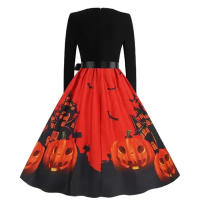 Halloween Print Long Sleeve Swing Dress Large