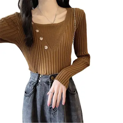 Fake Two-Piece Knit Sweater for Women Black Slim Fit