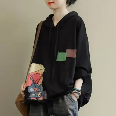 Women Hooded Sweatshirt Black Cartoon Print Large