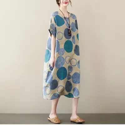 2024 Women's Mid-Length Printed Cotton Linen Dress