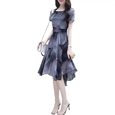 2022 Summer Women's Printed Slim Fit Dress with Long Scarf