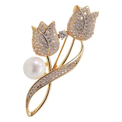 Elegant Tulip Brooch with Pearl & Diamonds for Women