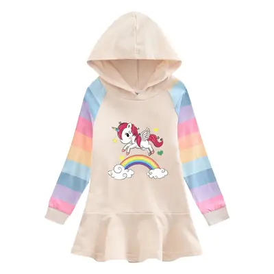 Unicorn Hooded Sweater Dress for Girls Beige Rainbow Design