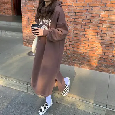 Women Fleece Hooded Sweatshirt Set Brown Oversize Loose Hem