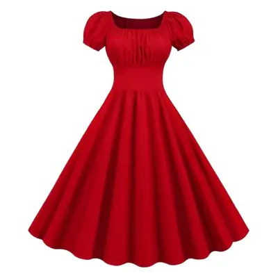 Red Pleated Square Neck Swing Waist Dress for Women