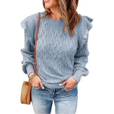 Women's Loose Sweater Blue Cotton Autumn 2024