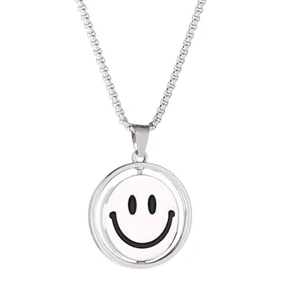 Rotating Smiling Face Necklace for Men Women Silver 70cm