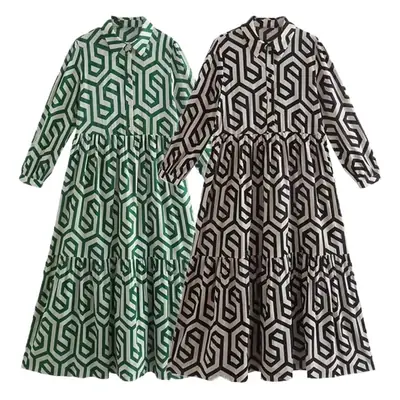 Green Geometric Long Sleeve Lapel Shirt Dress for Women