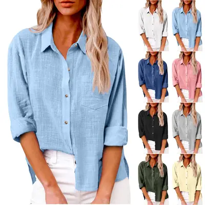 Women Cotton Linen Split Shirt Blue Long Sleeve