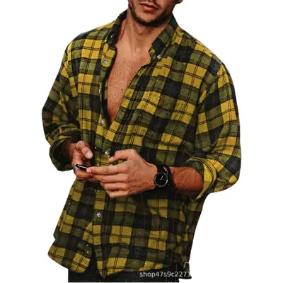 Men's Plaid Lapel Shirt Yellow Black Long Sleeve
