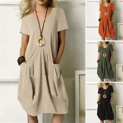 2023 Cross-Border Summer Dress Cotton Linen Loose Round Neck Short Sleeve
