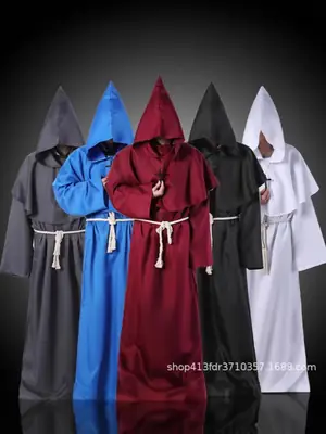 Medieval Friar Robe Costume Dark Blue Hooded Monk Suit