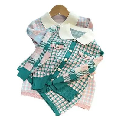 2024 Autumn Girls' Houndstooth Suit Children's Elegant Knitwear Baby Cardigan Fashionable Baby Face Two-Piece Set