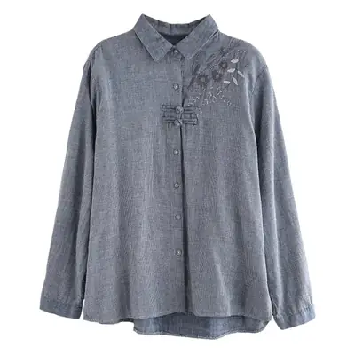 Women's Ethnic Embroidered Plaid Shirt Large Size