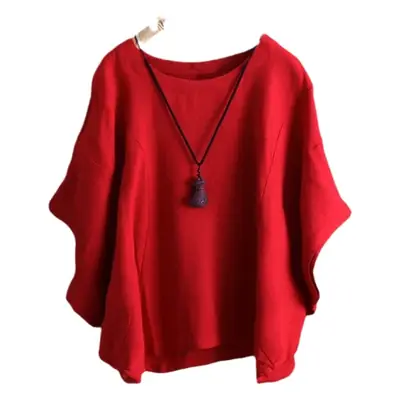 Women Casual Cotton Linen Pile T-Shirt Pink Large
