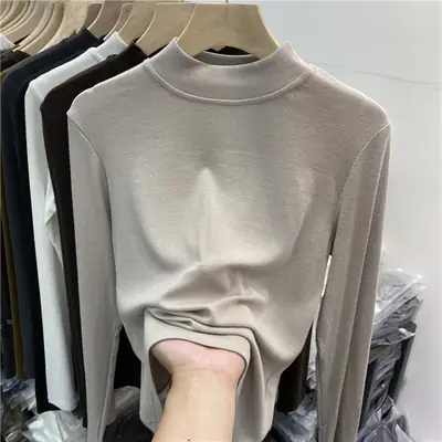 Women's Long Sleeve Fleece T-Shirt Grey 2025 Winter