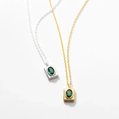 Gold Geometric Green Diamond Necklace for Men Women