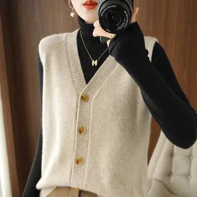 Women V-Neck Sleeveless Vest Winter Sweater Outer