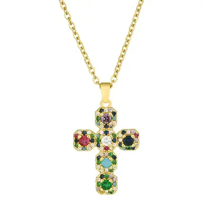 European and American fashion jewelry cross pendant necklace female temperament versatile color zircon exquisite fashion clavicle chain