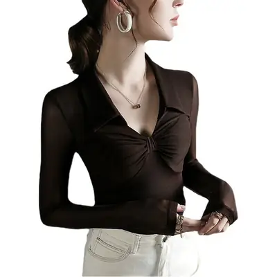 Black Mesh Long Sleeve Top for Women Autumn Winter