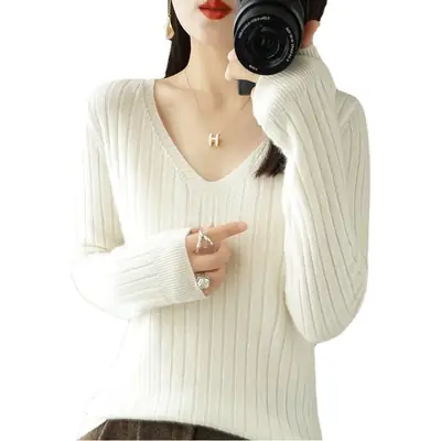 Black V Neck Knit Pullover Women Autumn Winter
