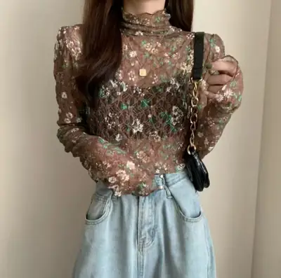2005 Korean Style Lace Top for Women Half-High Collar