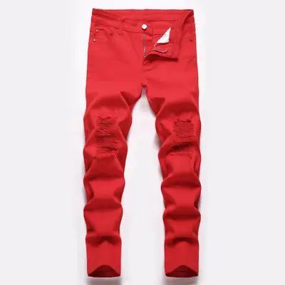 Red Straight Ripped High Stretch Pants for Boys Mid Waist