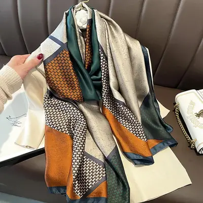 2024 Silk Scarf Houndstooth Orange Beige Women