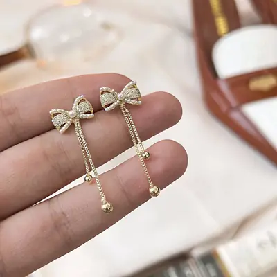 Pearl Bow Tassel Earrings for Women Gold