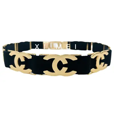 Xiaoxiang Metal Letter Belt Black Gold Elastic Women's Dress Belt