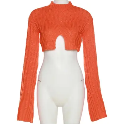 Blue Long Sleeve Women's Casual Top with Cutout Mid Waist