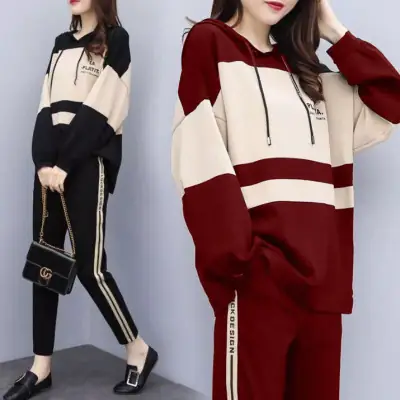 Women 2-Piece Sweatshirt Track Suit Maroon Beige Loose Fit