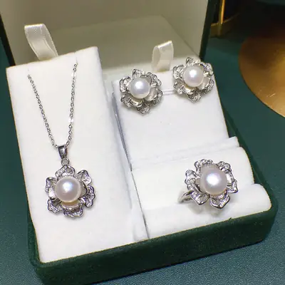 Freshwater Pearl 3D Flower Necklace Set 8-9mm Yellow