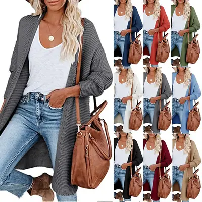2025 Knitted Cardigan Women's Mid-Length Pure Color