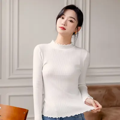 White Ruffled Knit Half-High Collar Sweater