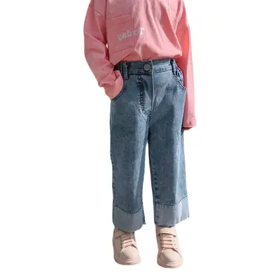 Girls Wide Leg Jeans 2025 Korean Style Cotton Blue