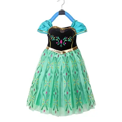 Green Frozen Anna Princess Dress for Girls Mid-Length Double Layer