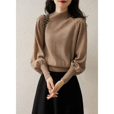 Women Black Knit Sweatshirt with Long Sleeve & High Waist