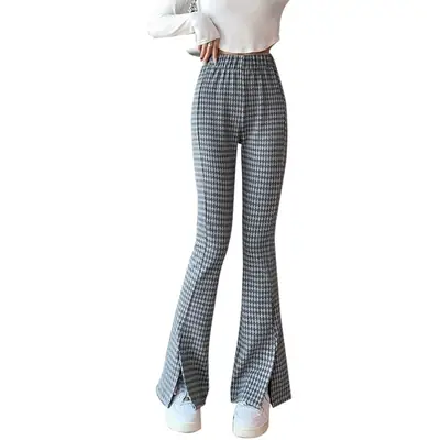 Gray Flared Women's Checkered Pants with Split Hem
