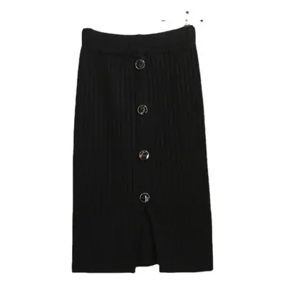 Women's Black Knitted Mid-Length Skirt with Button Front