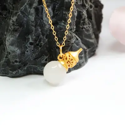 Guan Yu Pendant Necklace Gold Inlay White Jade Gourd