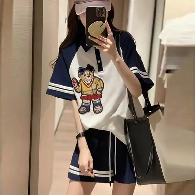Women Cartoon Bear Polo Shirt Shorts Set Navy White